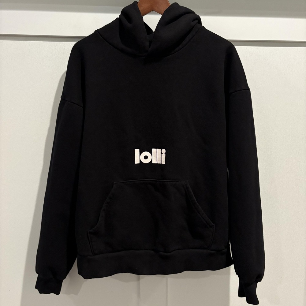 Lolli Hoodie Mens Small Black Pullover Fleece Logo‎ Kangaroo Pocket Oversized